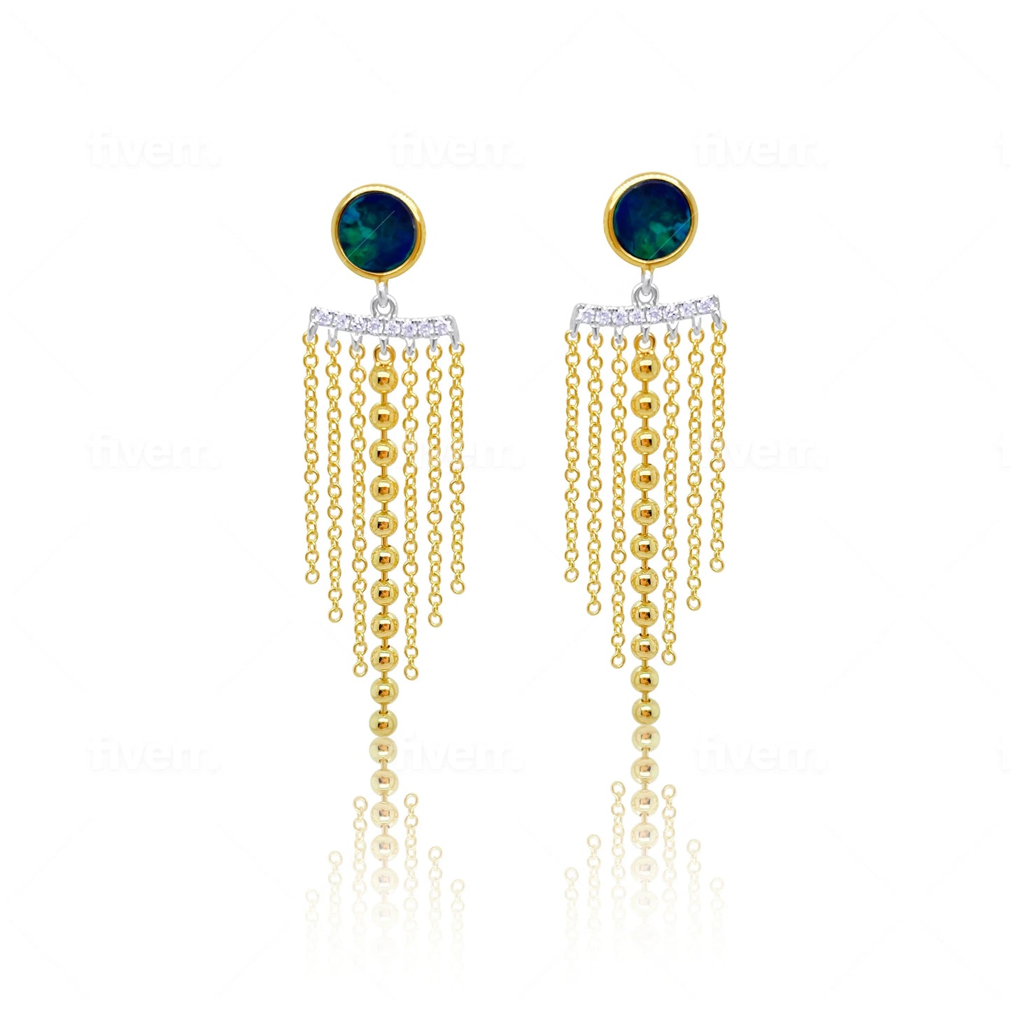 Statement Blue Opal Diamond Gold Chain Earrings